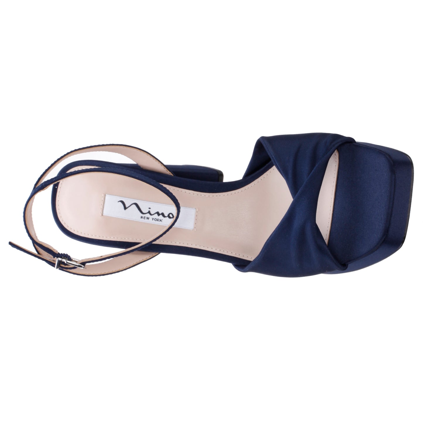 Stacie Blue Satin Block-Heel Platform Sandals with Twist-Front and Ankle-Strap | Nina Shoes