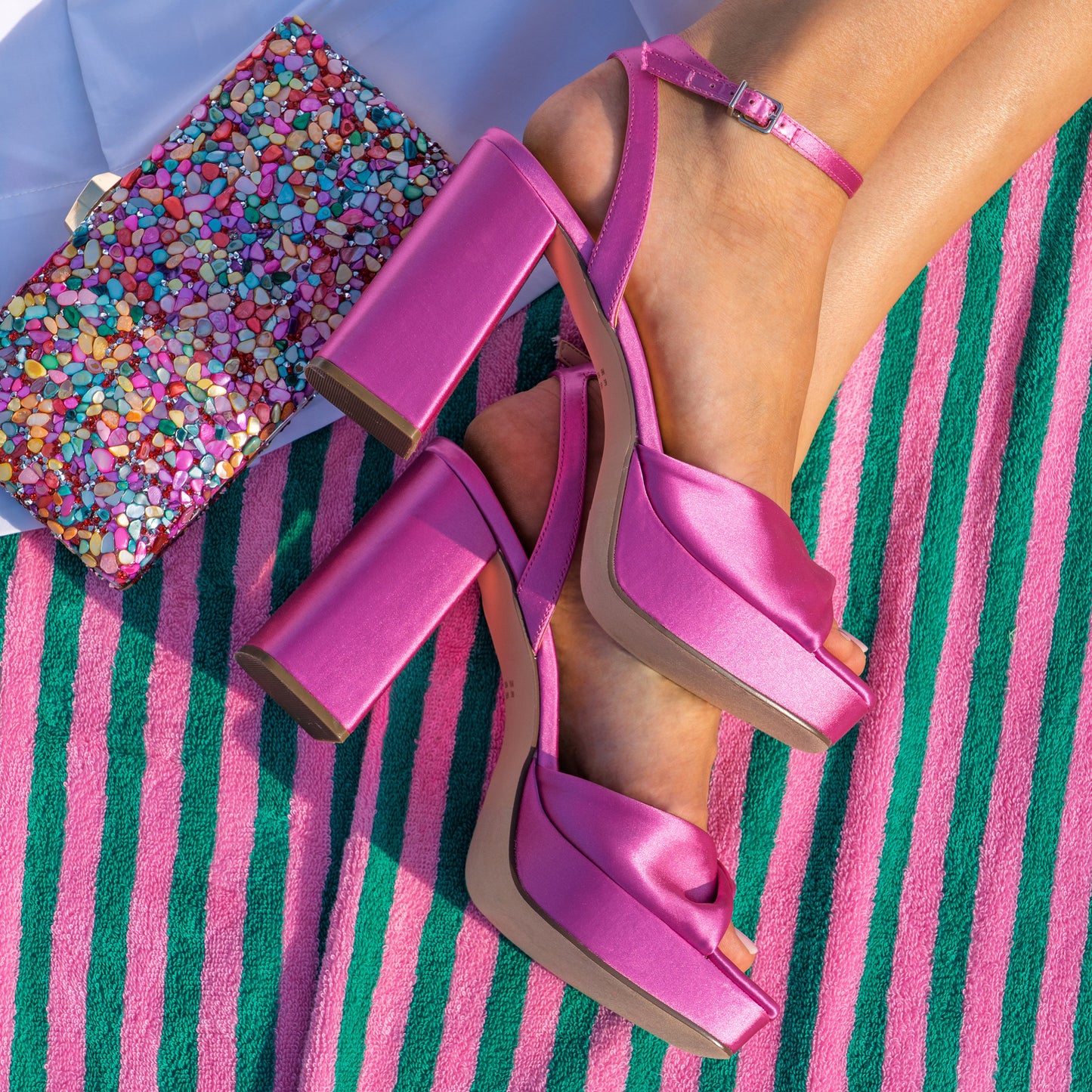 Stacie Pink Satin Block-Heel Platform Sandals with Twist-Front and Ankle-Strap | Nina Shoes