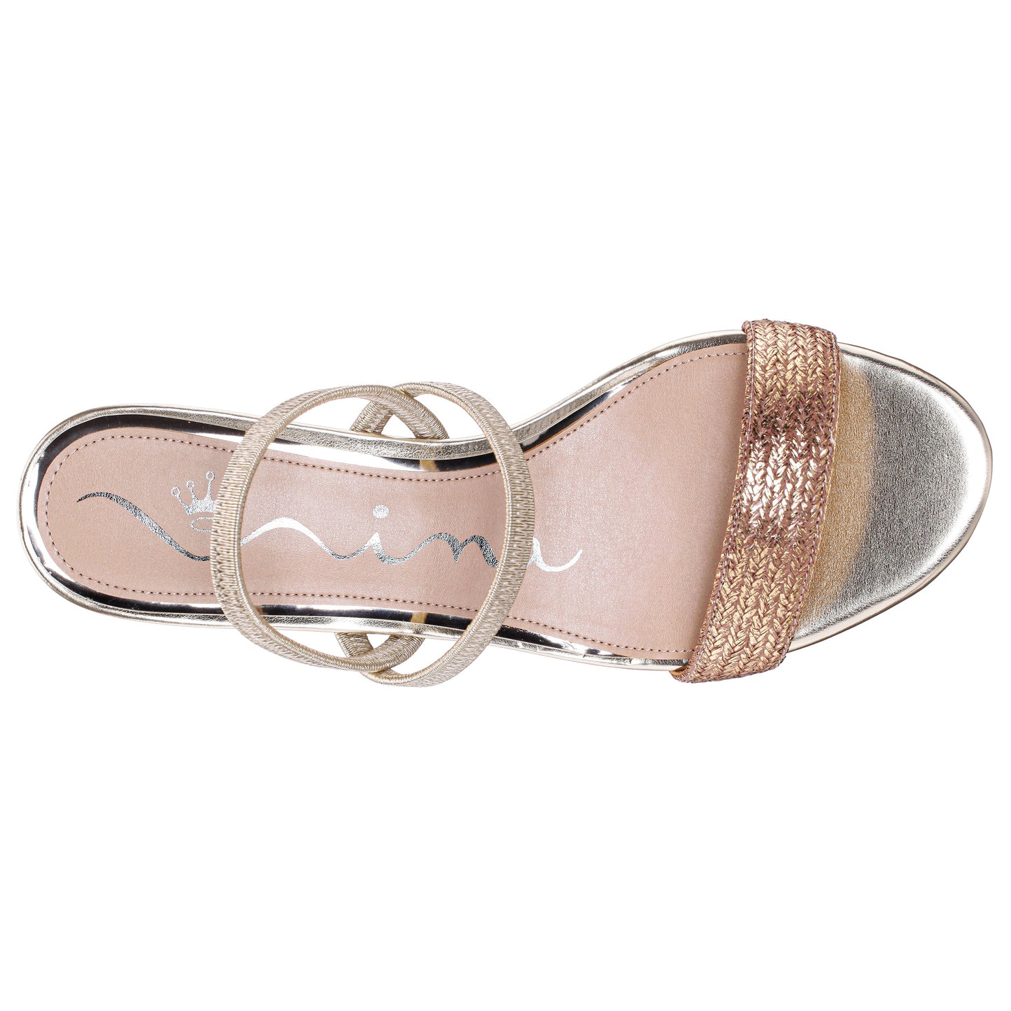 Gessica Gold Metallic Straw Block Heel Sandal | Nina Shoes