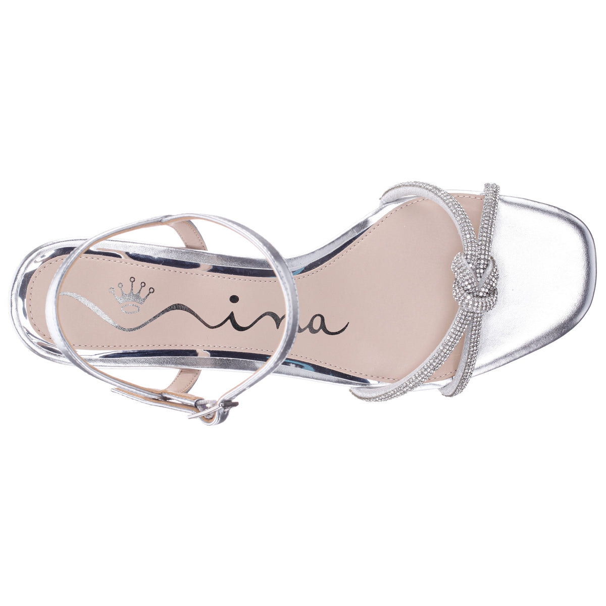 Valeria Silver Glaze with Clear Rhinestone Knot on a Demi-Wedge with Ankle-Strap | Nina Shoes