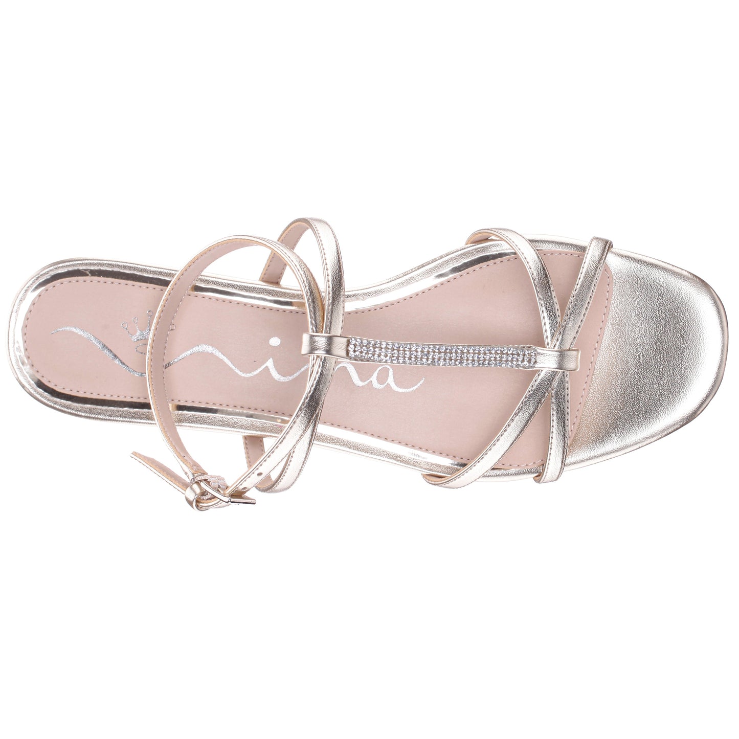 Sasha Platino Metallic Foil with Rhinestone T-Strap Flat with a Block-Heel and Ankle-Strap | Nina Shoes