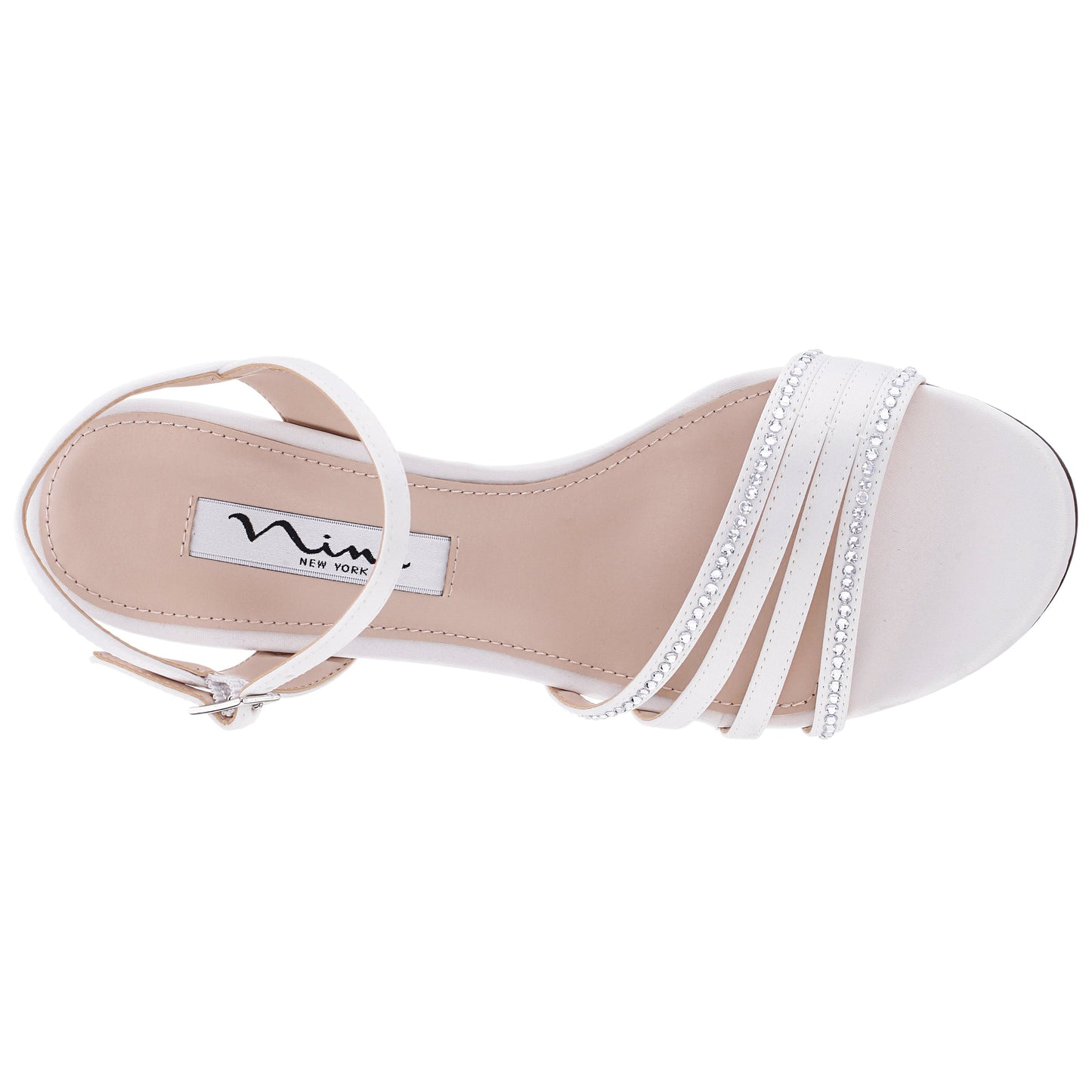 Nelena White Satin with Clear Crystals Low-Heel Sandals with Ankle-Strap | Nina Shoes