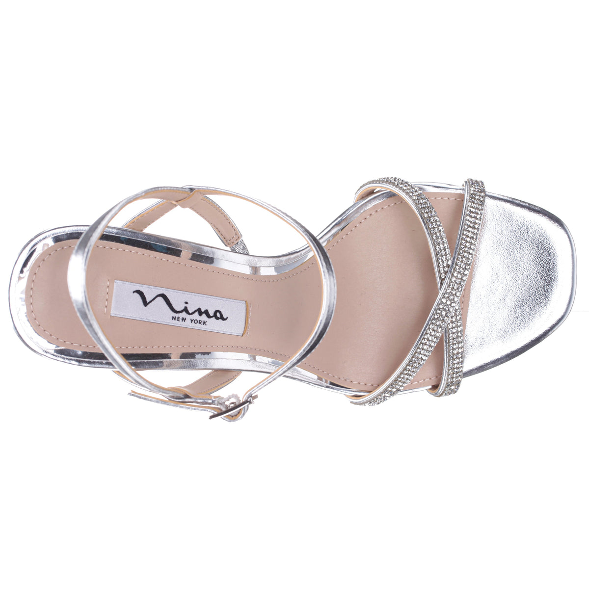 Steven Silver Metallic Foil with Crystal X-Band Block-Heel Platform Sandals with Ankle-Strap | Nina Shoes