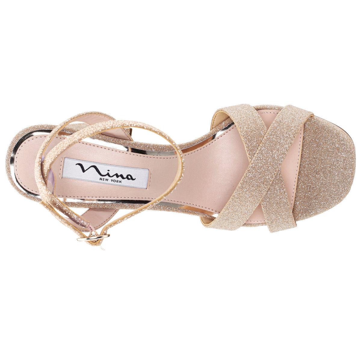 Shelia Beige Glitter Net Block-Heel Platform Sandals with Ankle-Strap | Nina Shoes