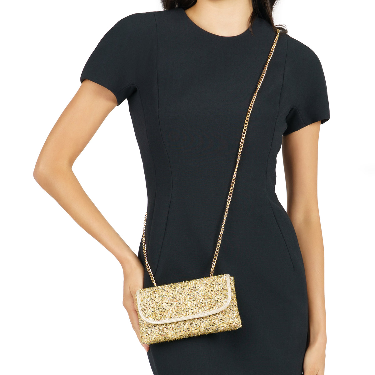 Cerise Gold Metallic Tweed Crossbody Bag | Nina Shoes