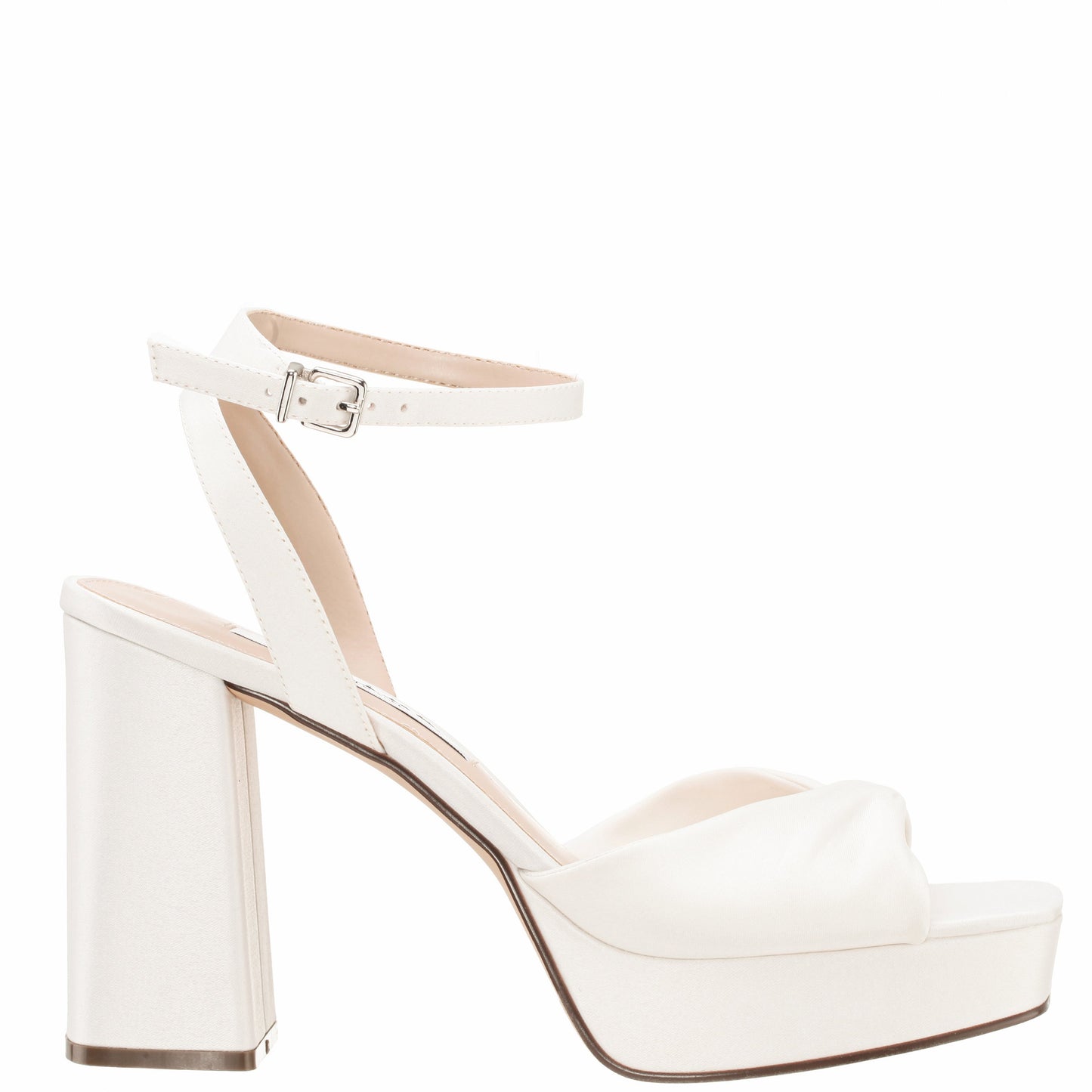 Stacie White Satin Block-Heel Platform Sandals with Twist-Front and Ankle-Strap | Nina Shoes