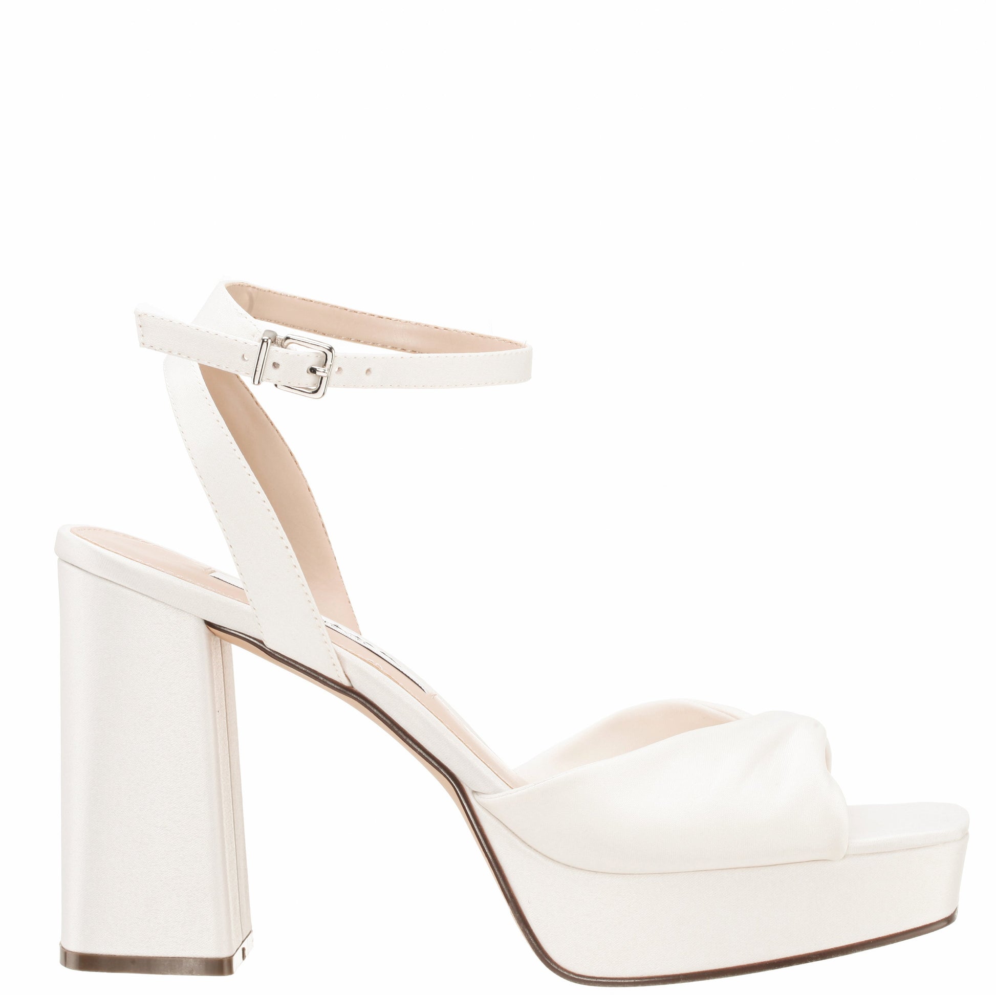 Stacie White Satin Block-Heel Platform Sandals with Twist-Front and Ankle-Strap | Nina Shoes