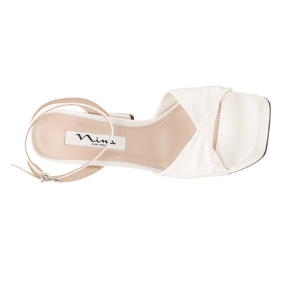 Stacie White Satin Block-Heel Platform Sandals with Twist-Front and Ankle-Strap | Nina Shoes
