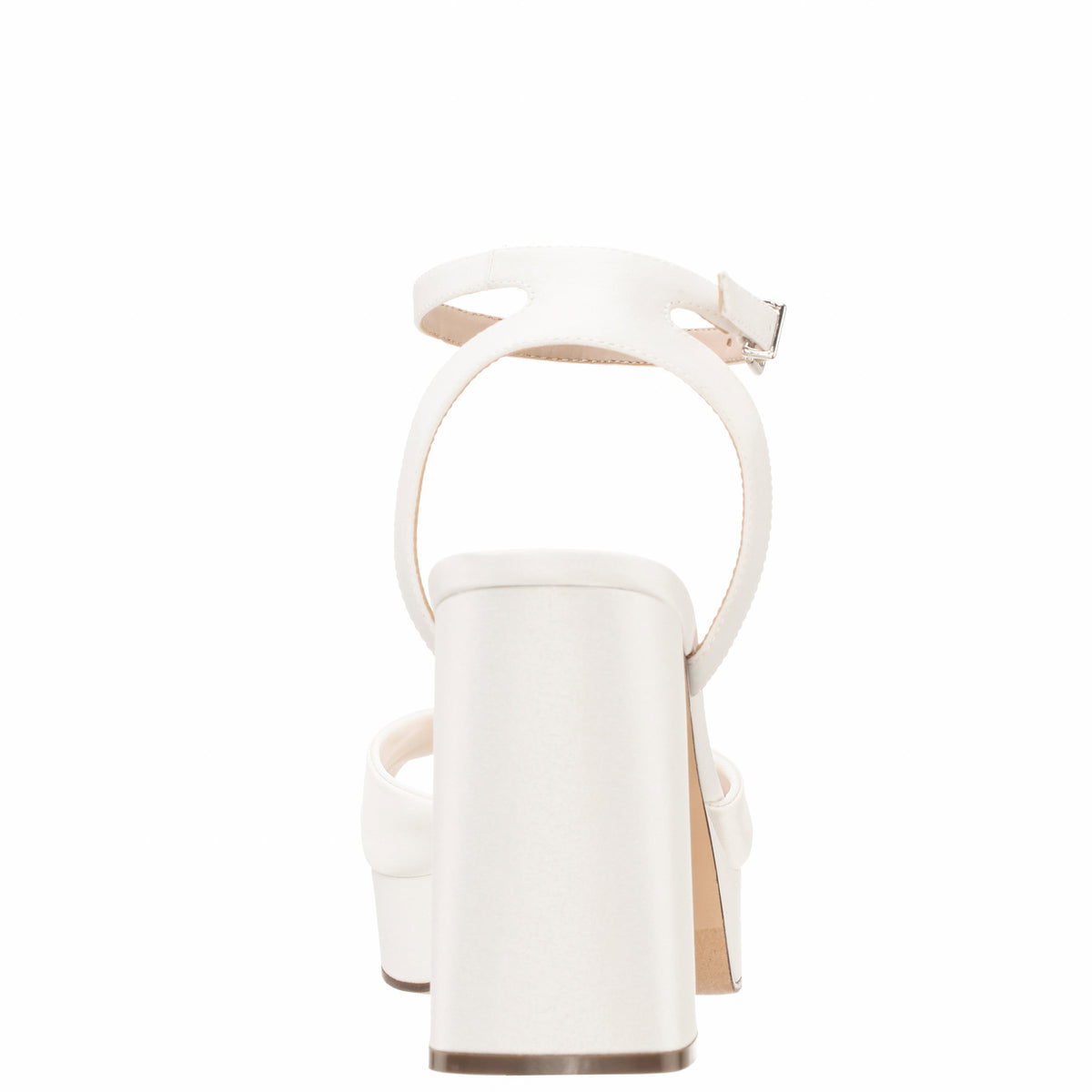Stacie White Satin Block-Heel Platform Sandals with Twist-Front and Ankle-Strap | Nina Shoes