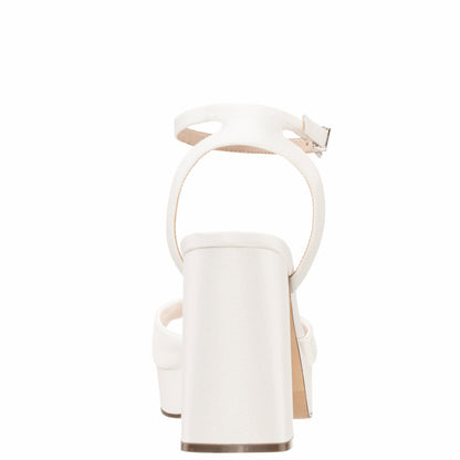Stacie White Satin Block-Heel Platform Sandals with Twist-Front and Ankle-Strap | Nina Shoes