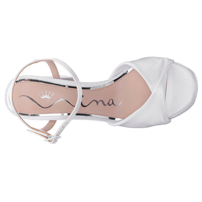 Suzon White Satin Block Mid-Heel Platform Sandal | Nina Shoes