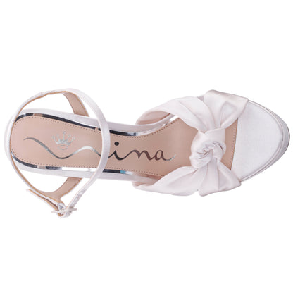 Sherlee White Satin Ultra-High Block Heel Platform Sandal | Nina Shoes