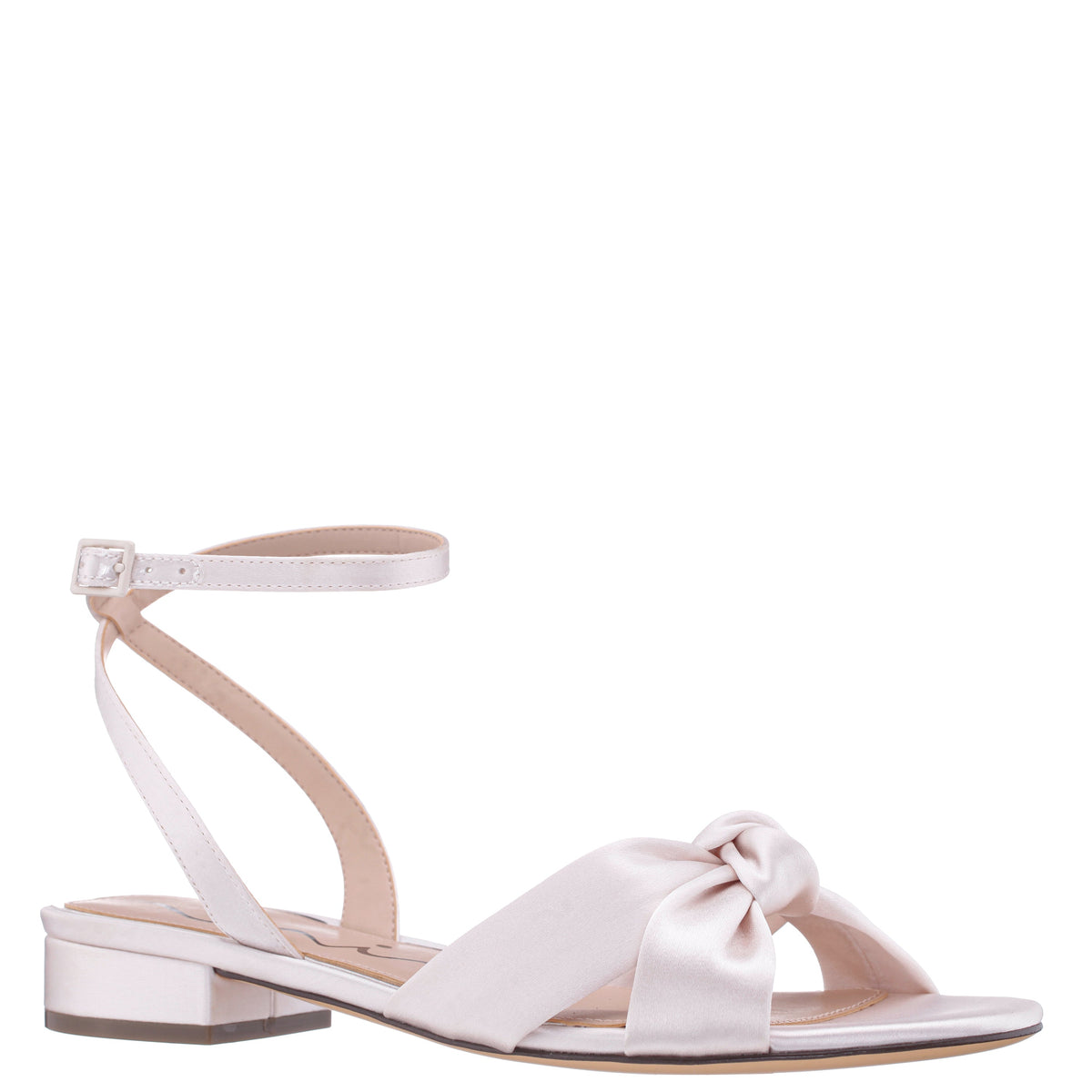 Sulma White Satin Block-Heel Flat Sandals with Ankle-Strap | Nina Shoes
