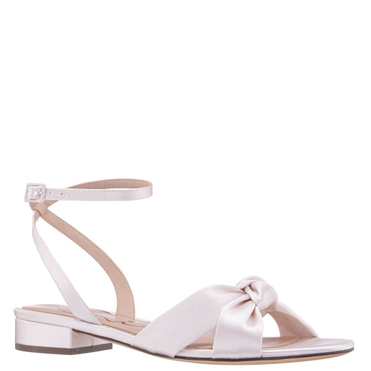 Sulma White Satin Block-Heel Flat Sandals with Ankle-Strap | Nina Shoes