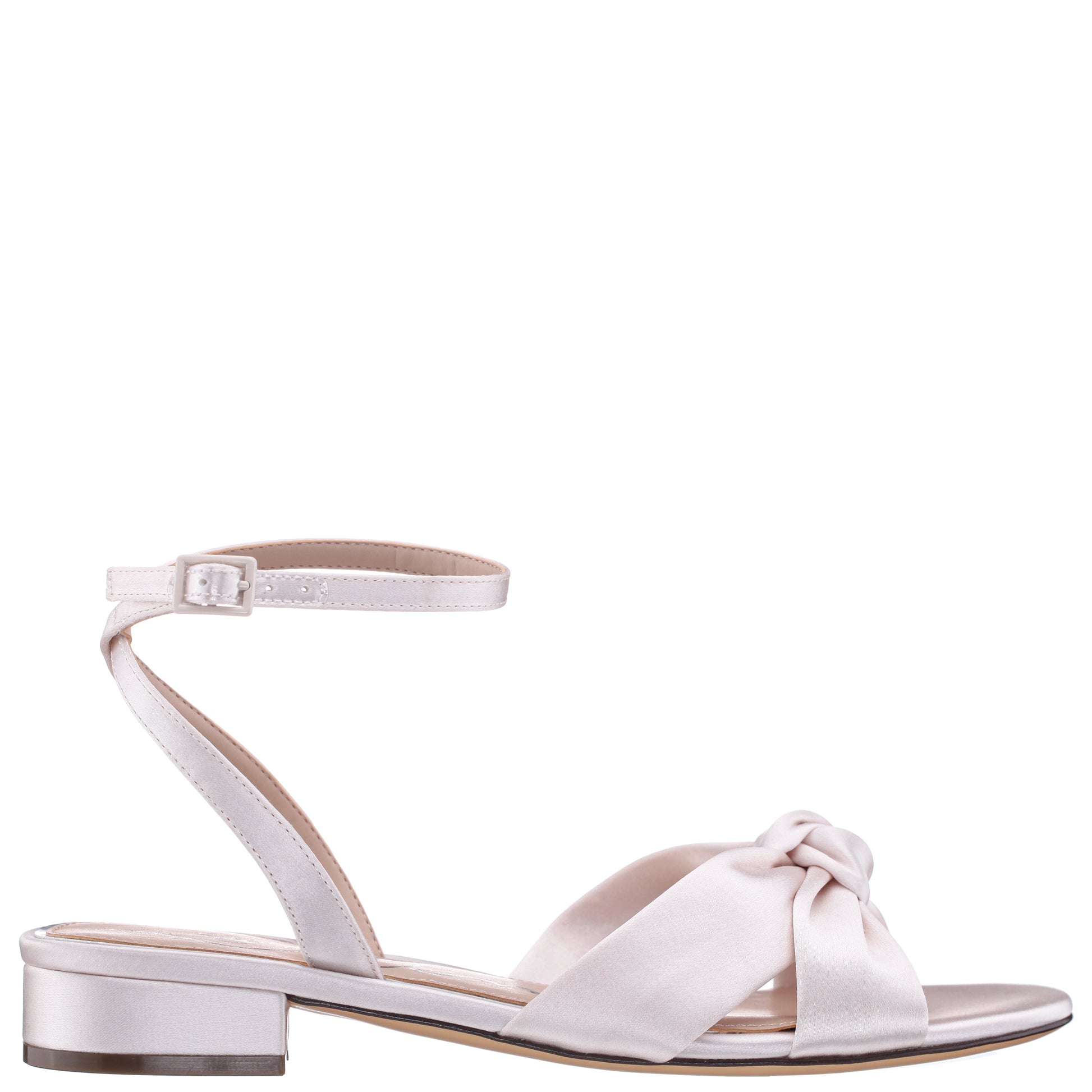Sulma White Satin Block-Heel Flat Sandals with Ankle-Strap | Nina Shoes