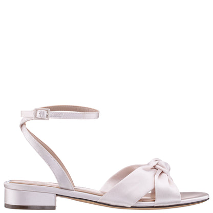 Sulma White Satin Block-Heel Flat Sandals with Ankle-Strap | Nina Shoes