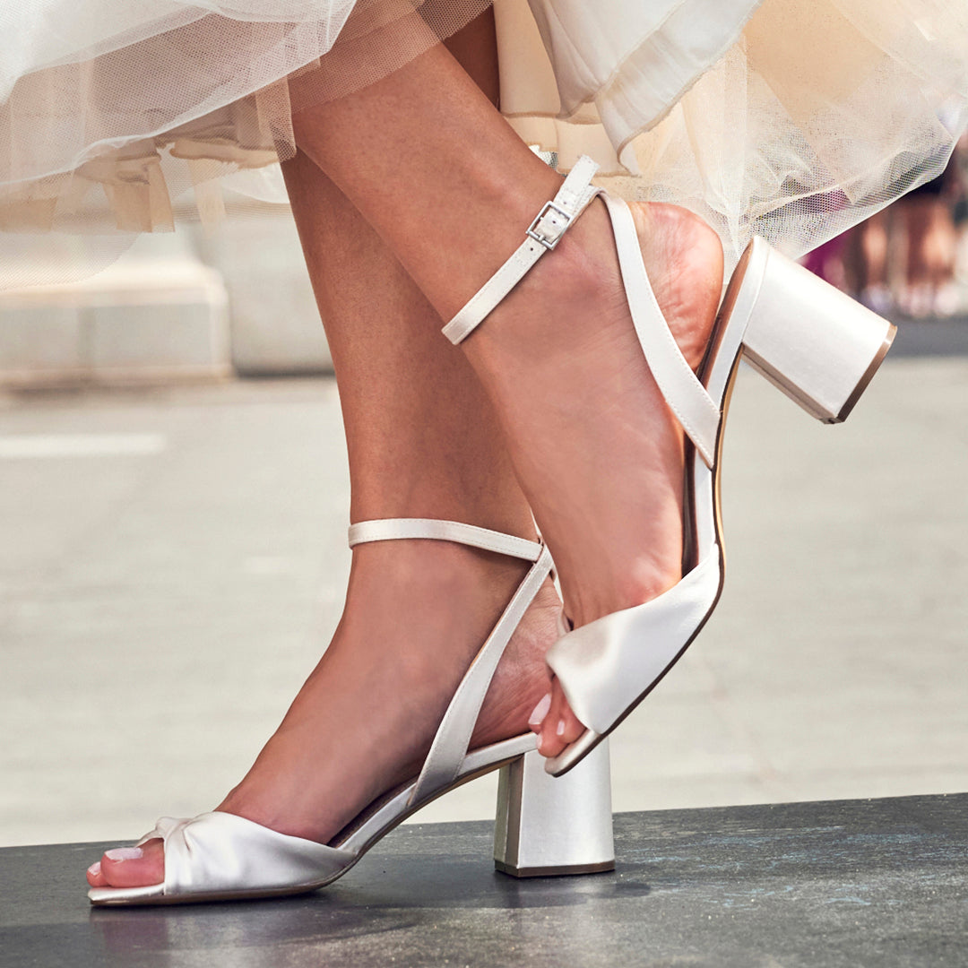 Nigella White Satin Block-Heel Sandals with Ankle-Strap | Nina Shoes