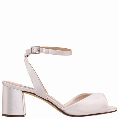Nigella White Satin Block-Heel Sandals with Ankle-Strap | Nina Shoes