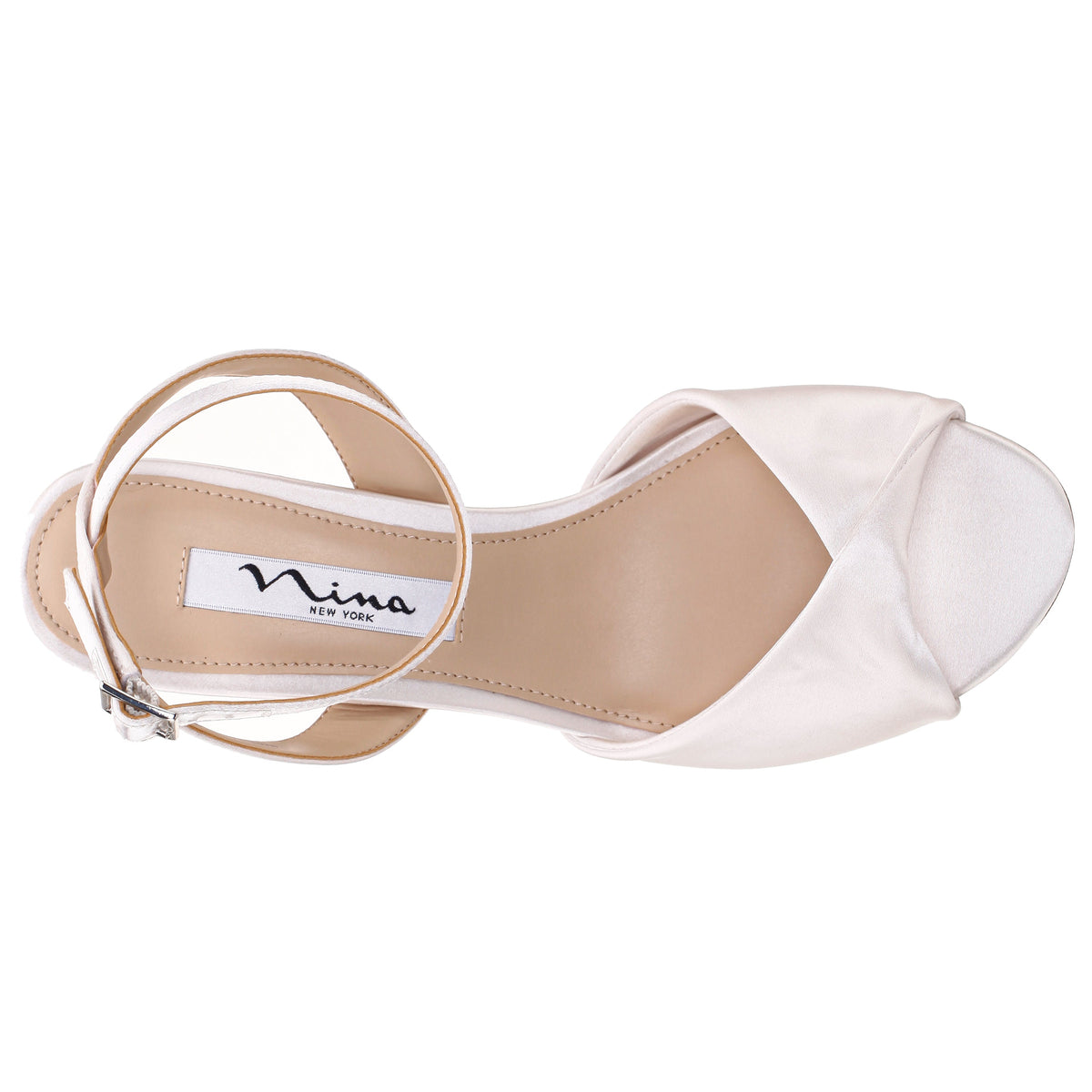 Nigella White Satin Block-Heel Sandals with Ankle-Strap | Nina Shoes
