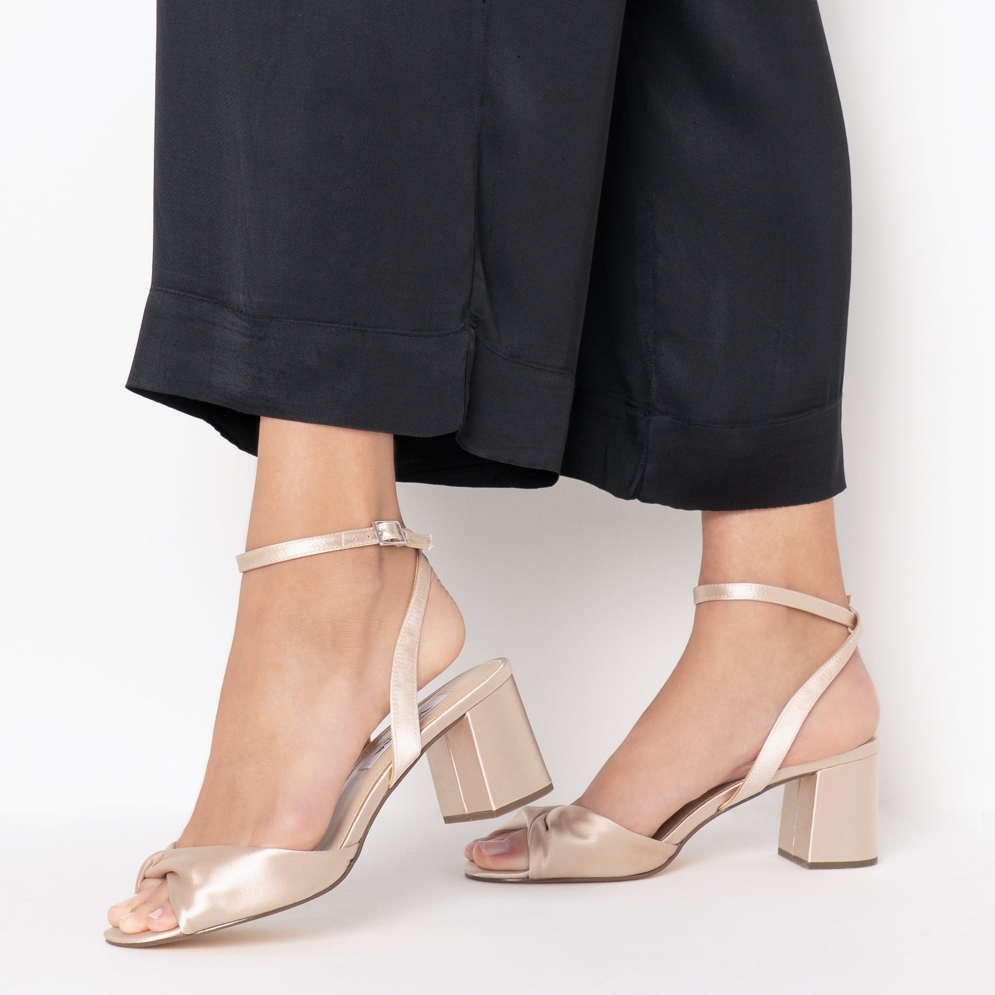 Nigella Pearl Rose Satin Block-Heel Sandals with Ankle-Strap | Nina Shoes