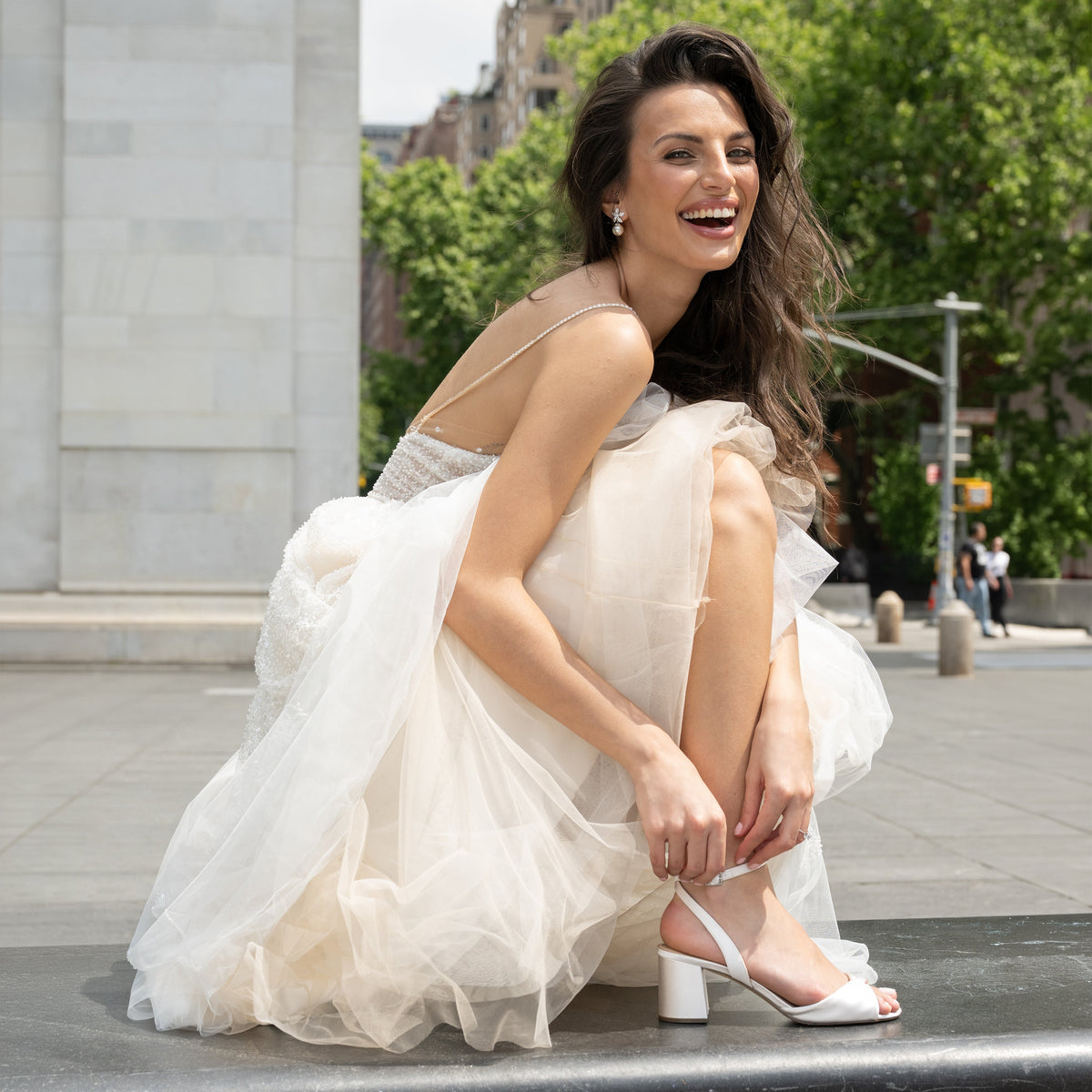 Nigella White Ankle Strap Mid-Heel Sandals | Nina Shoes