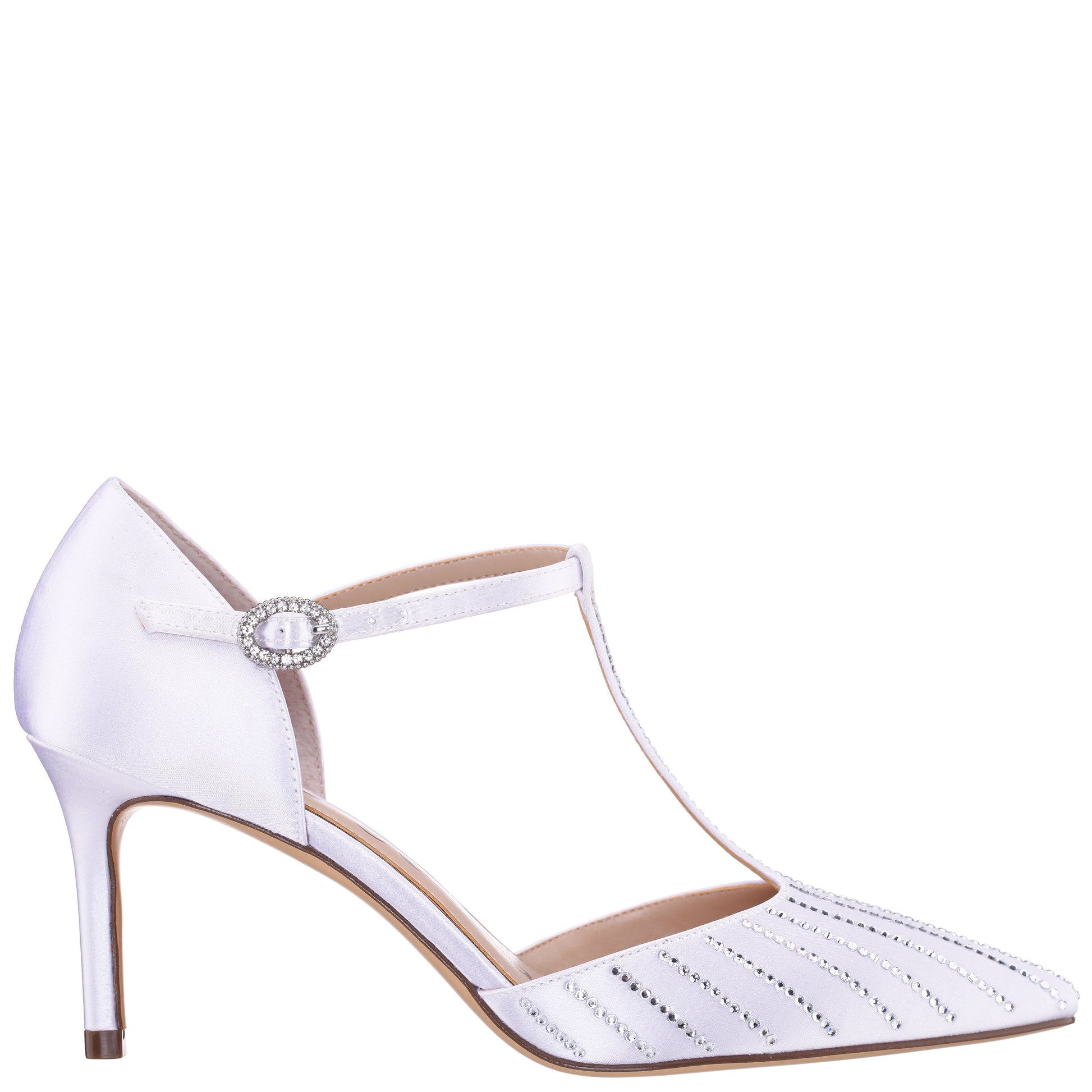 Neddie White Satin T-strap Mid-Heel Pump | Nina Shoes