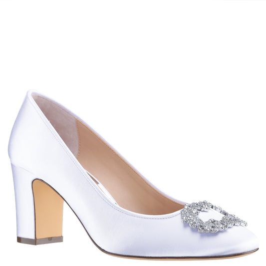 Giovia White Satin Block Heel Pump | Nina Shoes