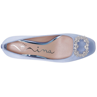 Giovia Blue Satin Block Heel Pump | Nina Shoes