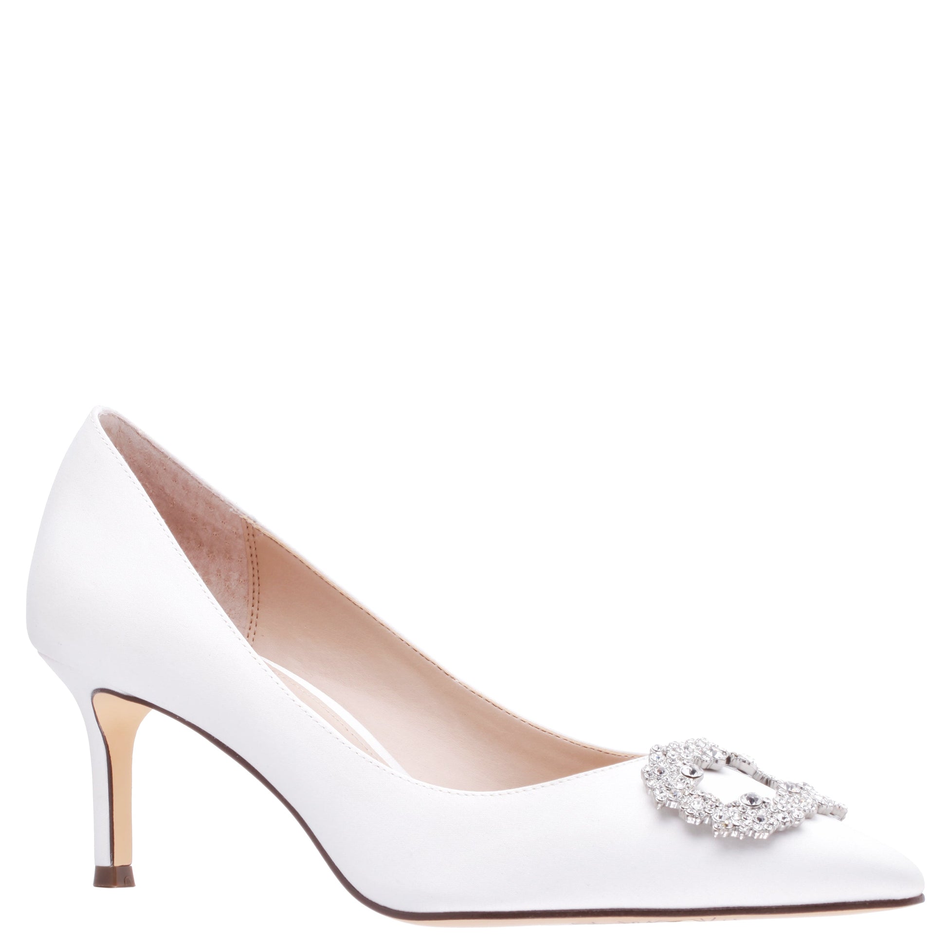 Neya White Satin Mid-Heel Pumps with Jeweled Buckle | Nina Shoes