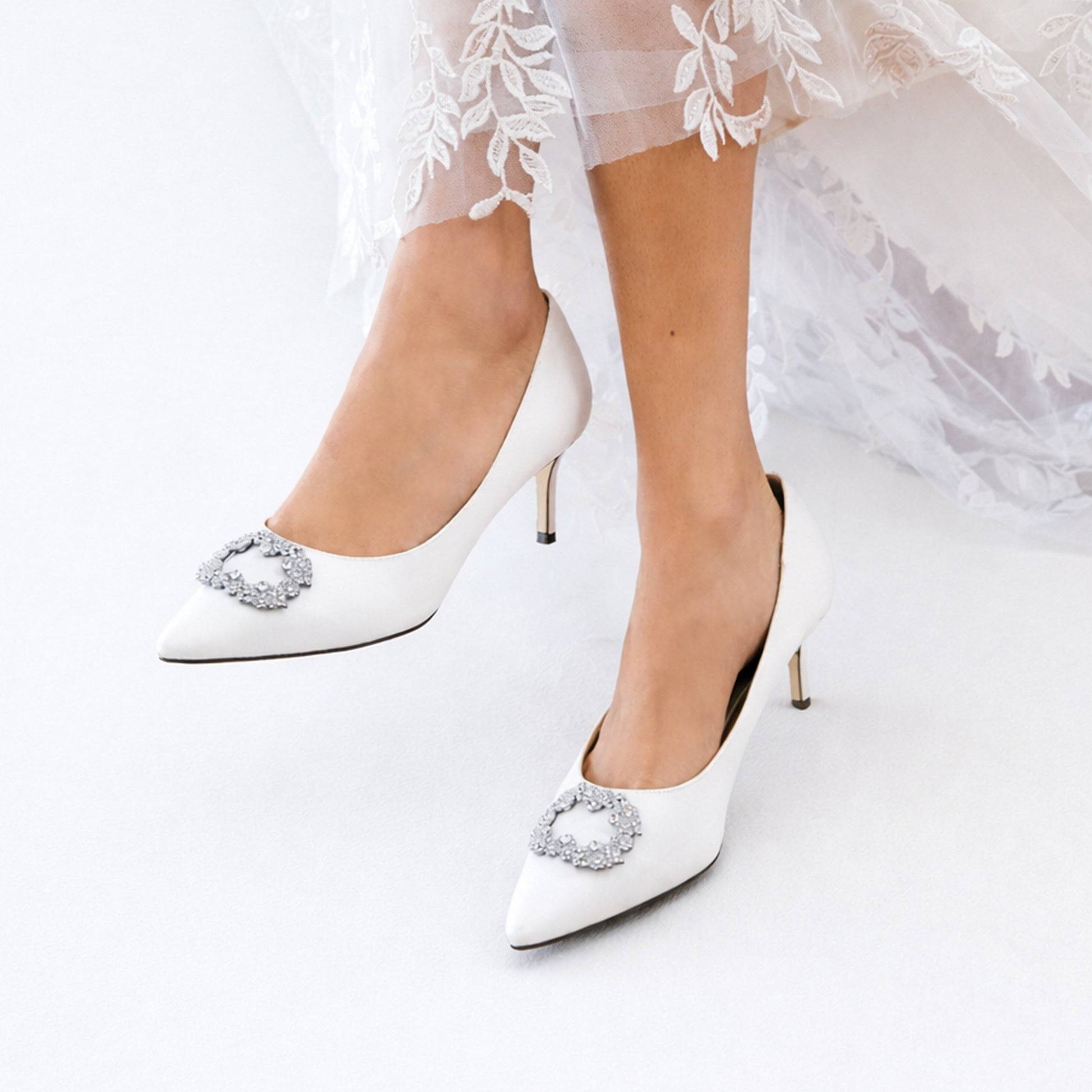 Neya White Satin Mid-Heel Pumps with Jeweled Buckle | Nina Shoes