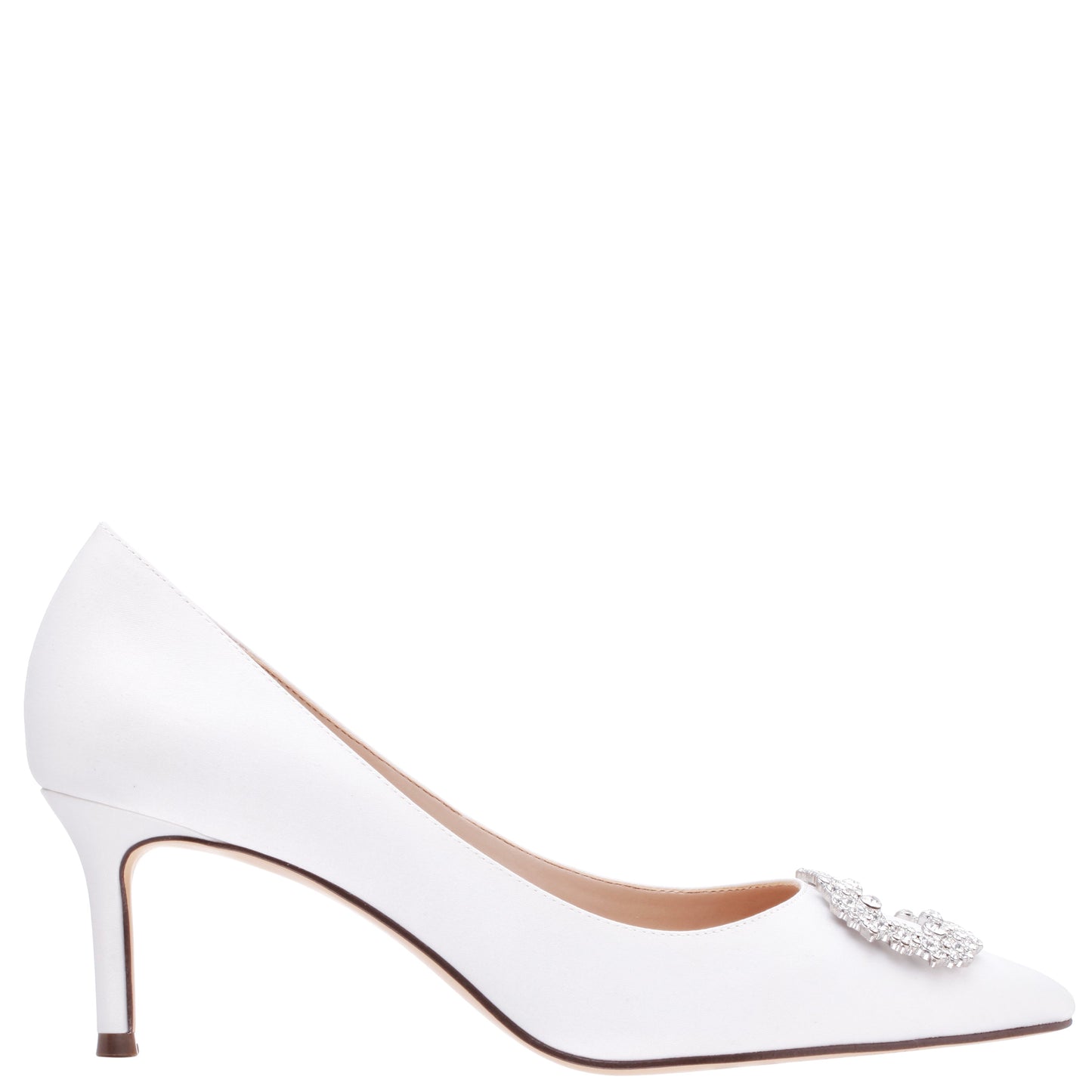 Neya White Satin Mid-Heel Pumps with Jeweled Buckle | Nina Shoes