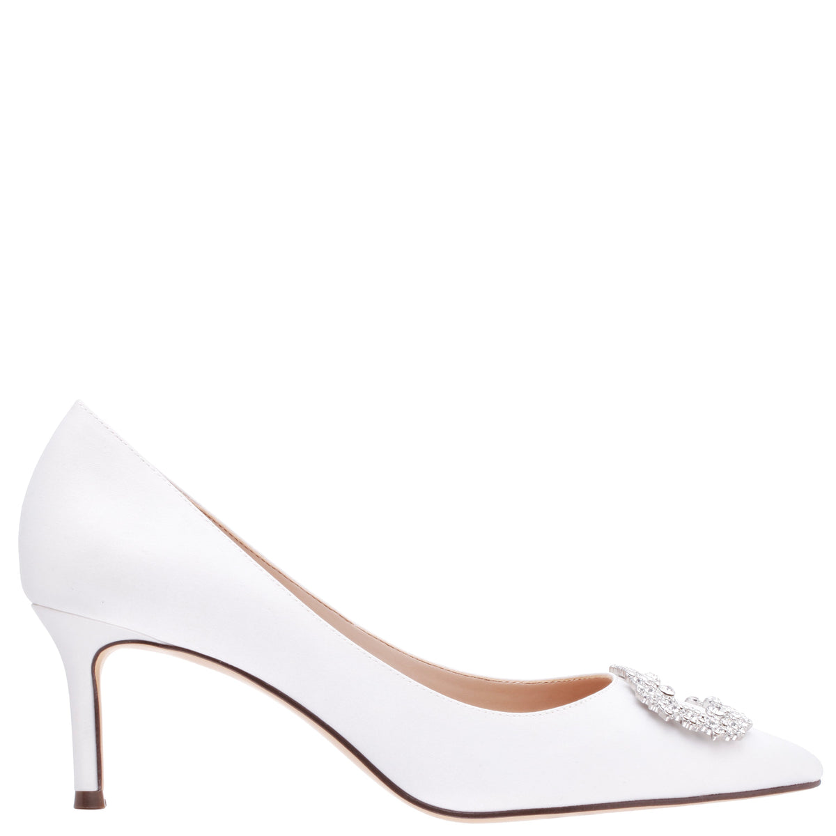 Neya White Satin Mid-Heel Pumps with Jeweled Buckle | Nina Shoes