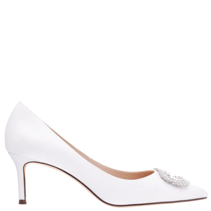 Neya White Satin Mid-Heel Pumps with Jeweled Buckle | Nina Shoes