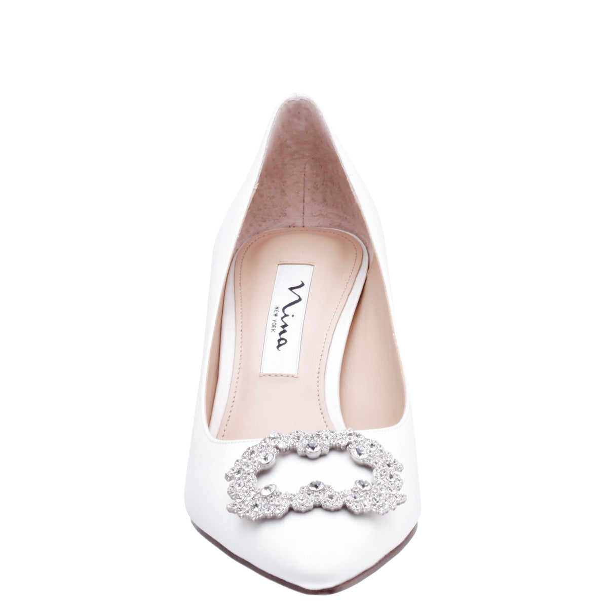 Neya White Satin Mid-Heel Pumps with Jeweled Buckle | Nina Shoes