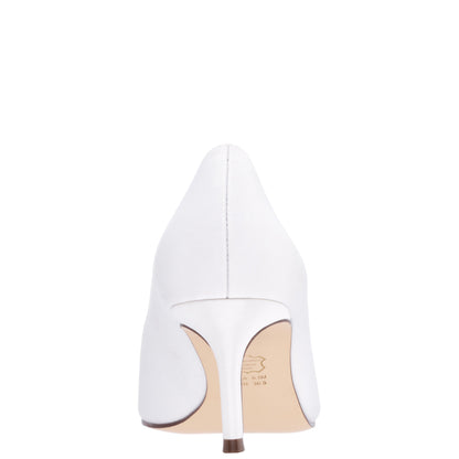 Neya White Satin Mid-Heel Pumps with Jeweled Buckle | Nina Shoes