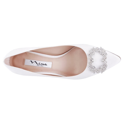 Neya White Satin Mid-Heel Pumps with Jeweled Buckle | Nina Shoes