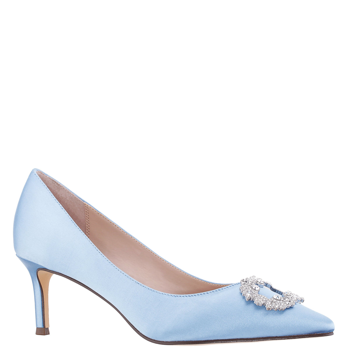 Neya Blue Satin Mid-Heel Pumps with Jeweled Buckle | Nina Shoes