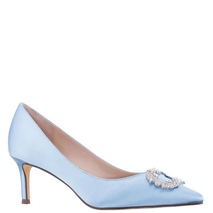 Neya Blue Satin Mid-Heel Pumps with Jeweled Buckle | Nina Shoes