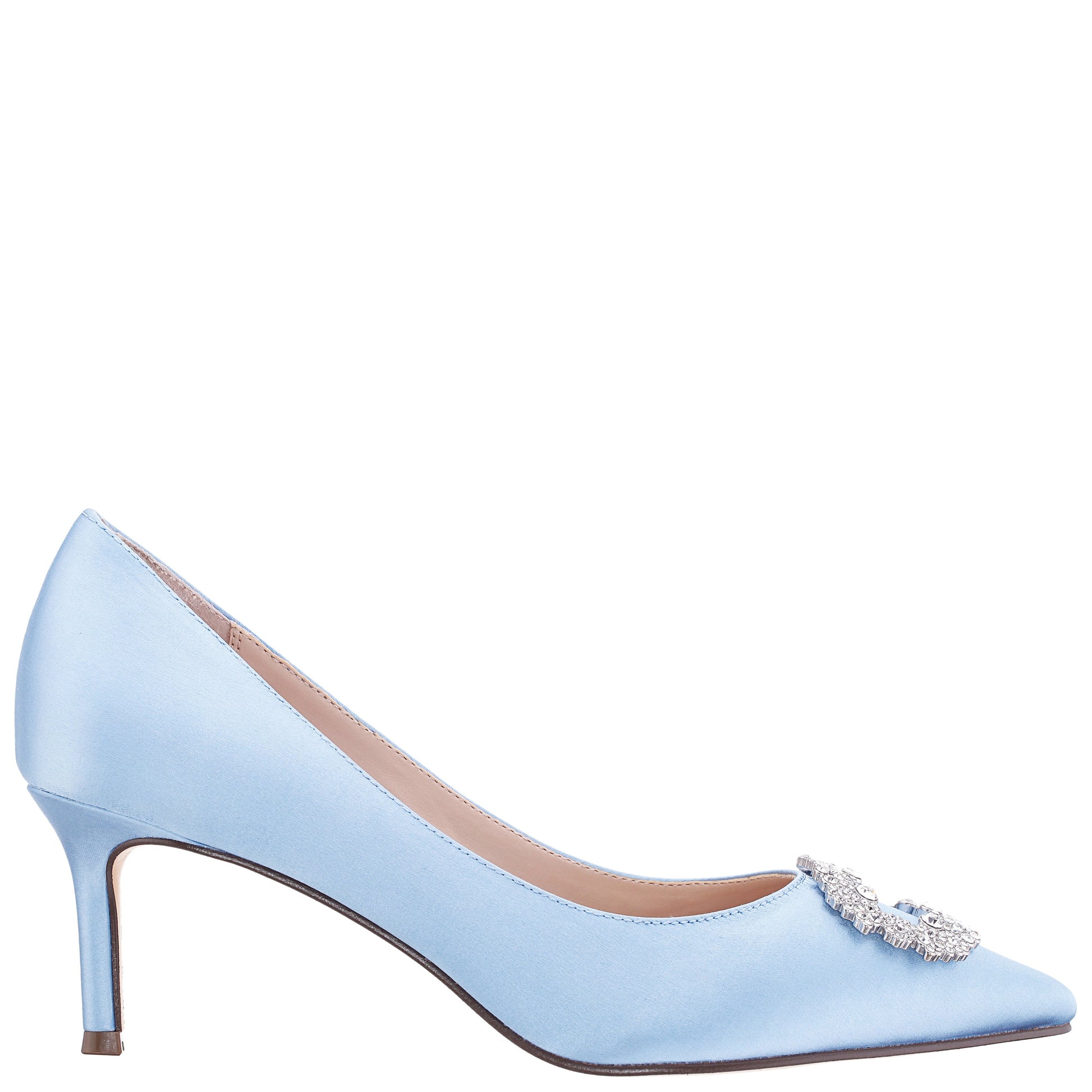 Neya Blue Satin Mid-Heel Pumps with Jeweled Buckle | Nina Shoes