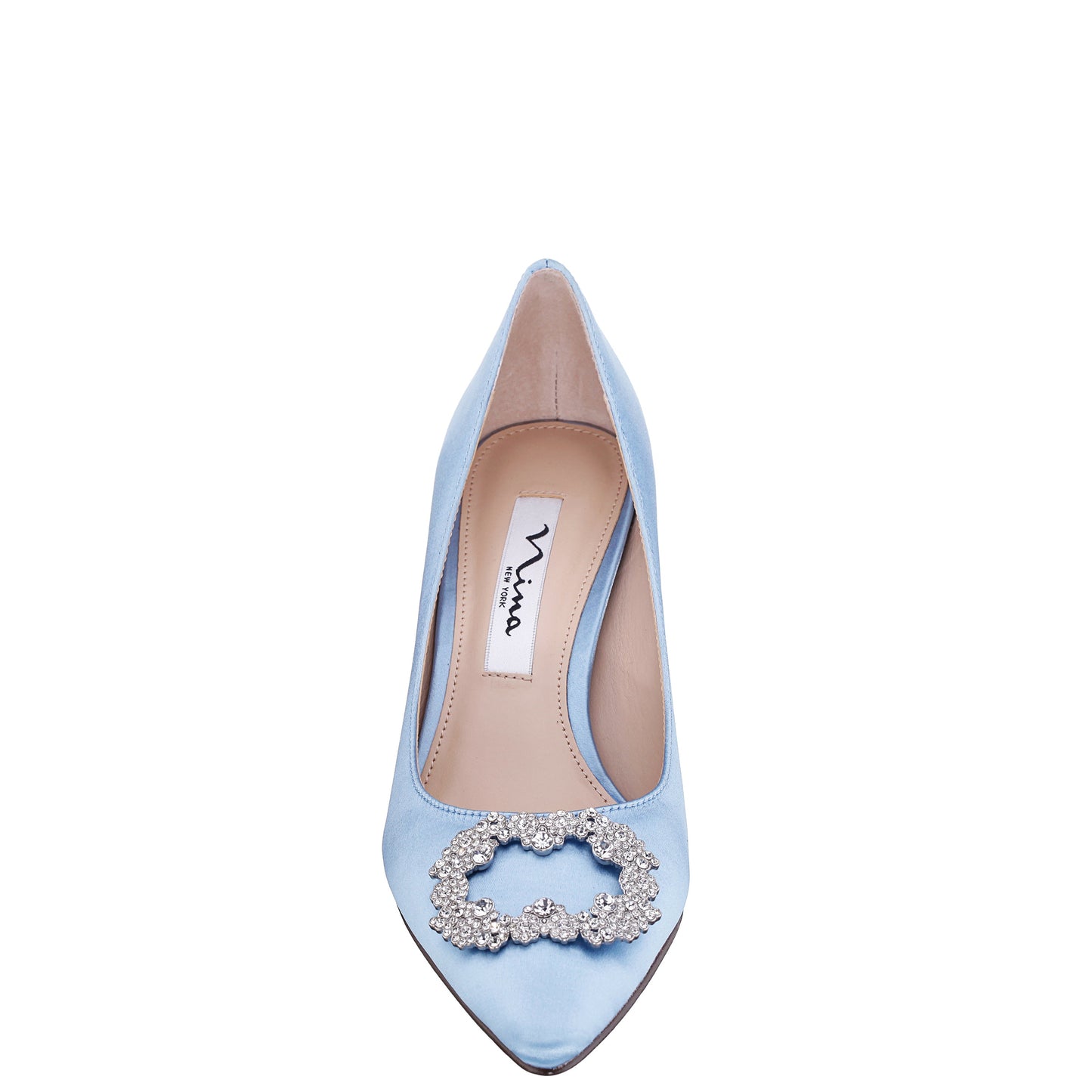 Neya Blue Satin Mid-Heel Pumps with Jeweled Buckle | Nina Shoes