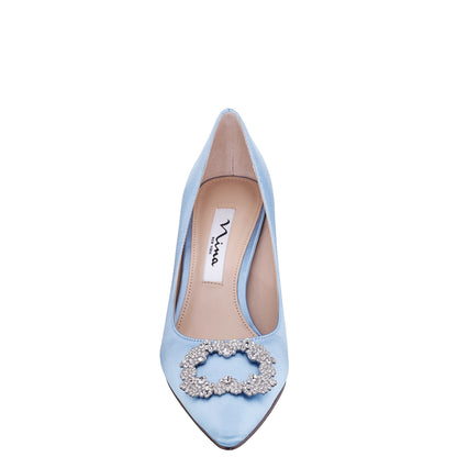 Neya Blue Satin Mid-Heel Pumps with Jeweled Buckle | Nina Shoes