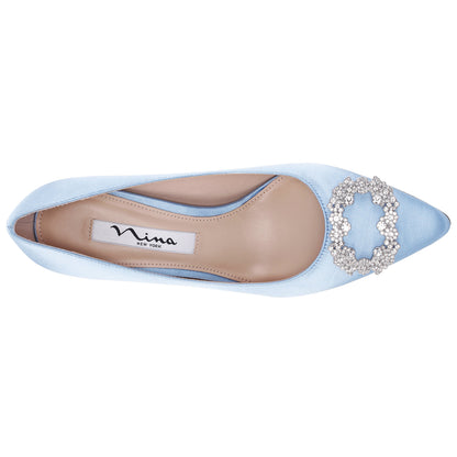 Neya Blue Satin Mid-Heel Pumps with Jeweled Buckle | Nina Shoes