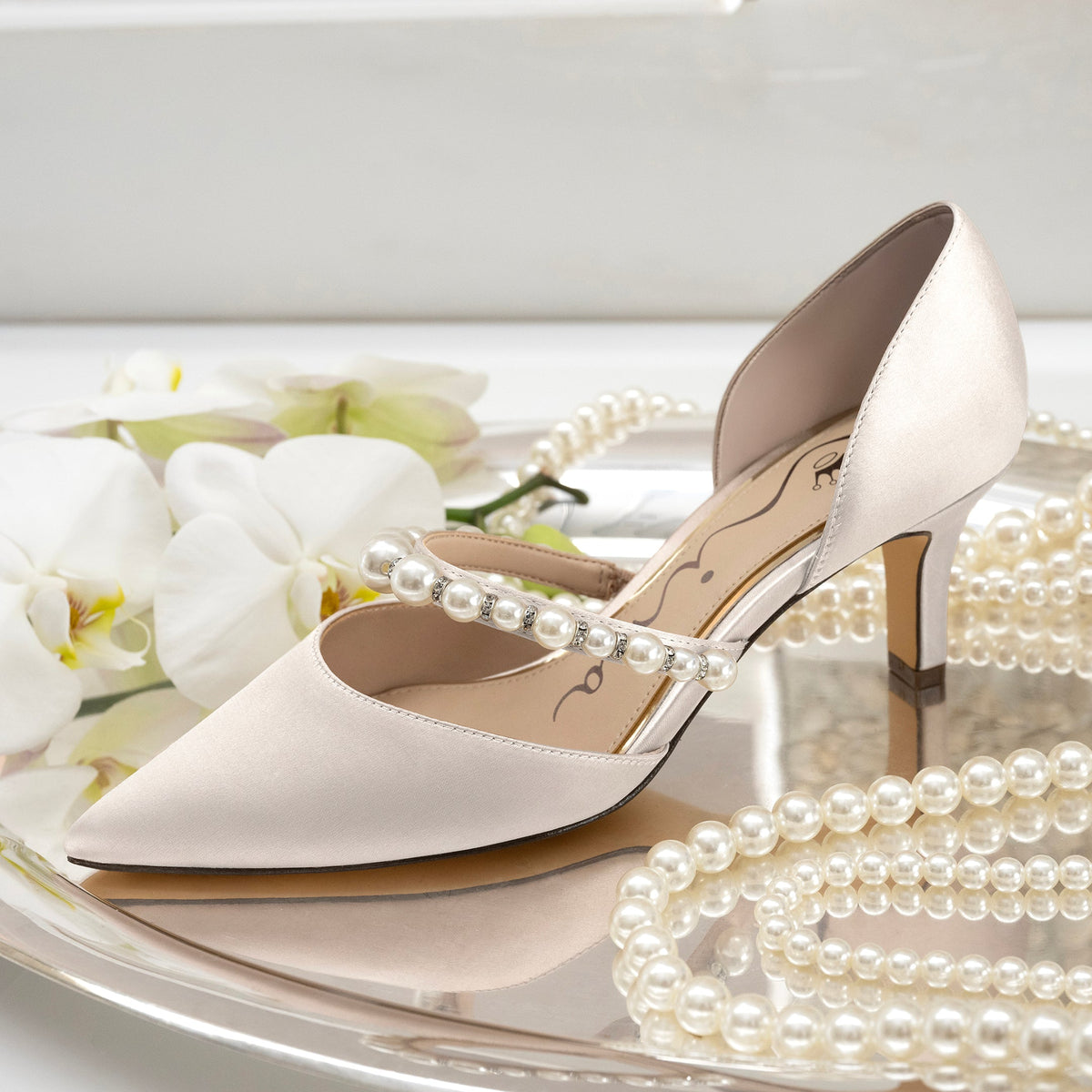 Blair White Satin Mid-Heel Pumps | Nina Shoes