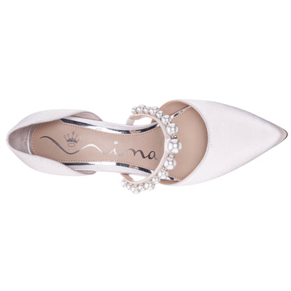 Blair White Satin Mid-Heel Pumps | Nina Shoes