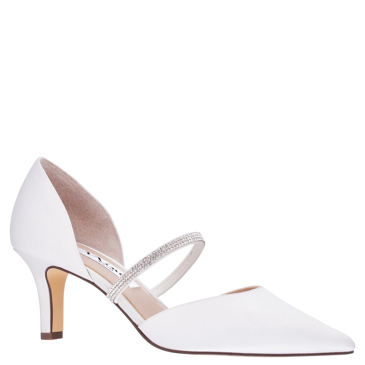 Brystol White Satin with Crystal Band Mid-Heel D'Orsay Pumps | Nina Shoes