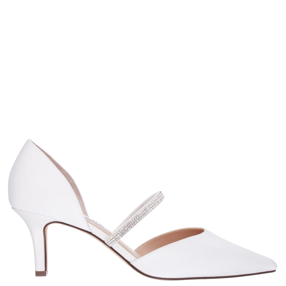Brystol White Satin with Crystal Band Mid-Heel D'Orsay Pumps | Nina Shoes