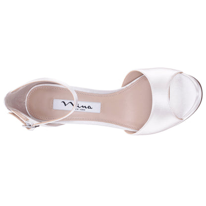 Famia White Satin Stiletto Platform Sandals with Ankle-Strap | Nina Shoes