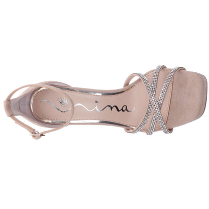 Evana Beige Glam Suede Ankle Strap High-Heel Platform Sandal | Nina Shoes