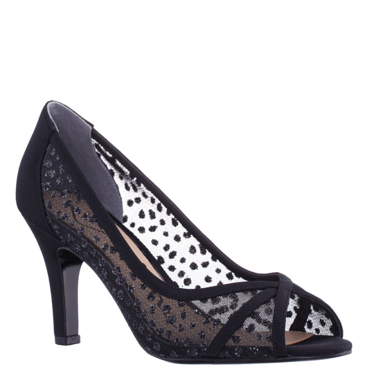 Flavia Black Satin Mid-Heel Peep Toe Pump | Nina Shoes
