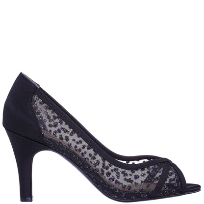 Flavia Black Satin Mid-Heel Peep Toe Pump | Nina Shoes